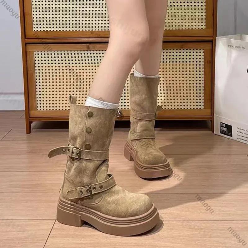 Designer Shoes Woman Buckle Knight Boots for Women Fashion New Faux Suede Mid-calf Botas Slip-On Thick Heel Platform Booties