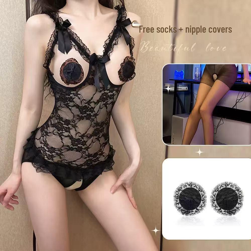 Purple Night Tide Romantic Lace Strappy Mesh Lingerie with Open Crotch