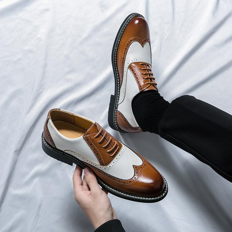 FashionMen's Business Leather Shoes lace up oxfords British Brown Pointed Business Casual Leather Shoes Men Dress Wedding Shoes