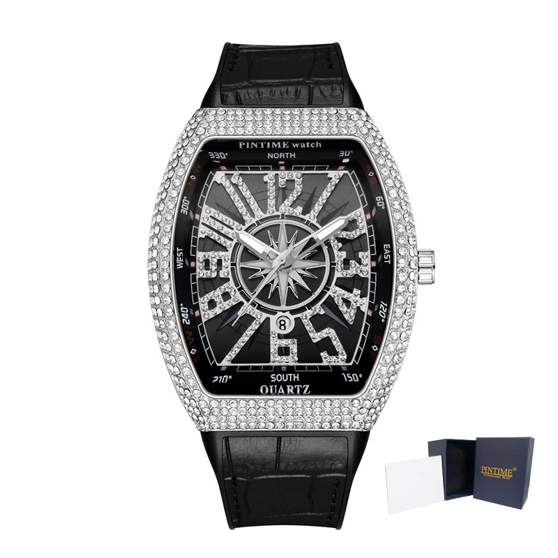 PINTIME Men's Luxury Tonneau Watch Shiny Metal CZ Case Rubber Strap Quartz Fashion Wristwatch Male Clock Relogio Gifts