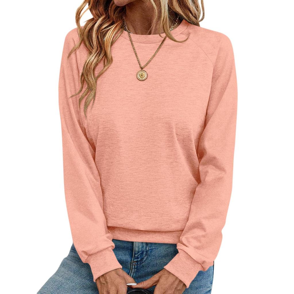 Women's Round Loose Neck Sweatshirt Long Sleeved Pullover Solid Color Hoodie