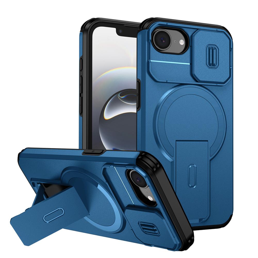 KEYSION Shockproof Armor Magnetic Case for iPhone 16e Silicone+PC Slide Camera Protect Kickstand Wireless Charging Phone Cover
