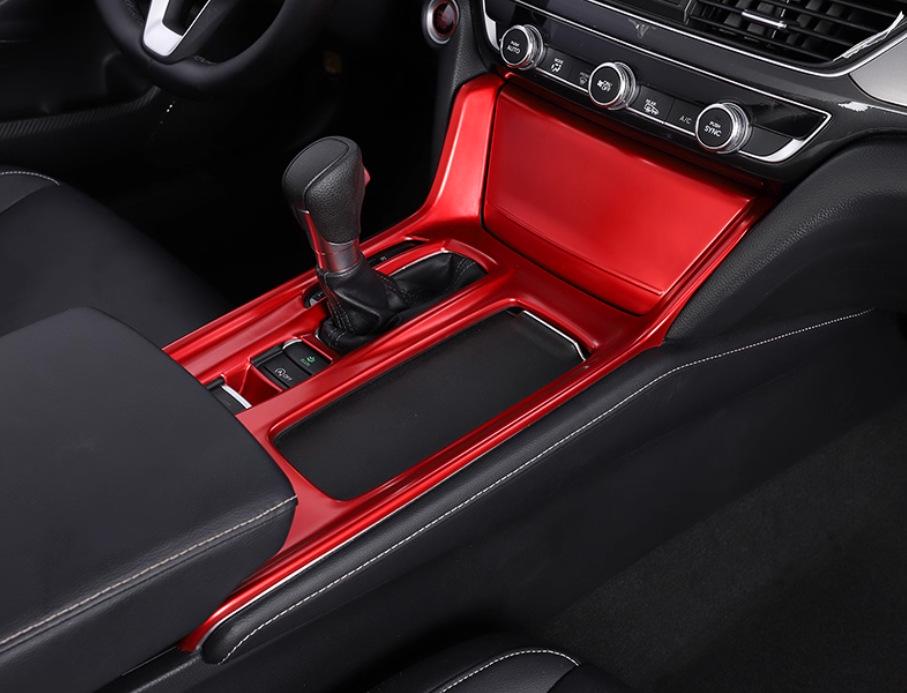 Honda Accord 18th Gen Red Interior Trim Kit: Gear Shift Frame, Armrest, Air Vent, Gear Knob, Steering Wheel.