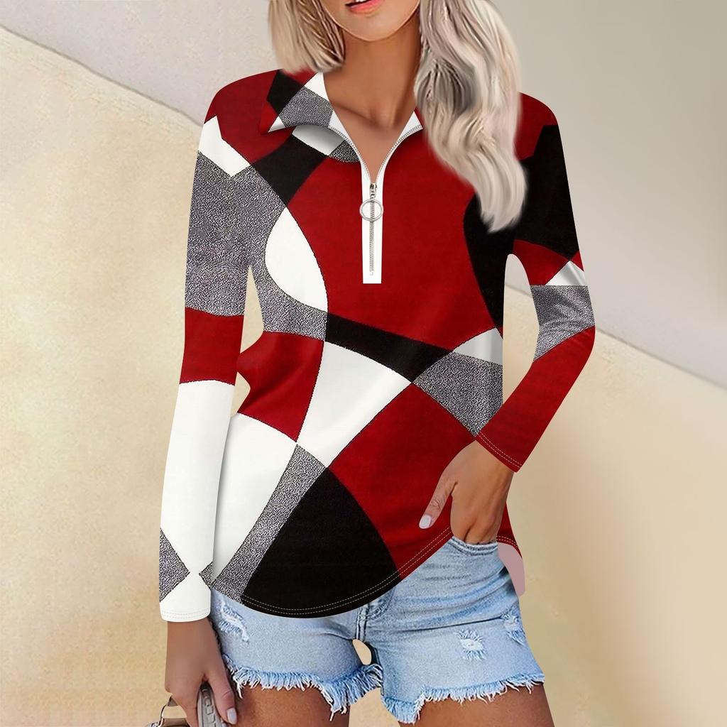 Women's Spring And  Fashion Casual  Printed Zipper V-Neck Long Sleeve Shirt Tops