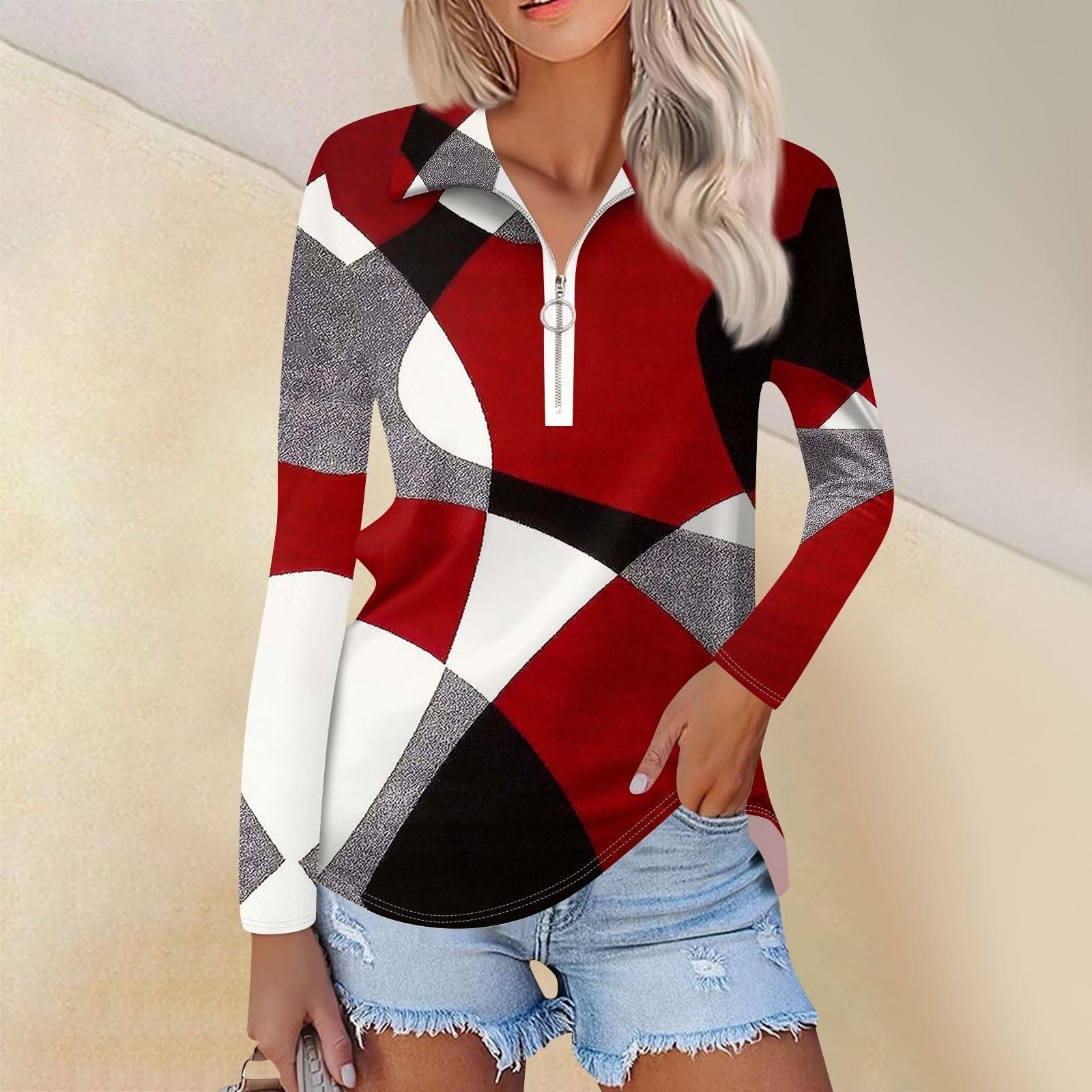 

Женская весенняя и модная повседневная рубашка с принтом на молнии с V-образным вырезом и длинным рукавом L красный