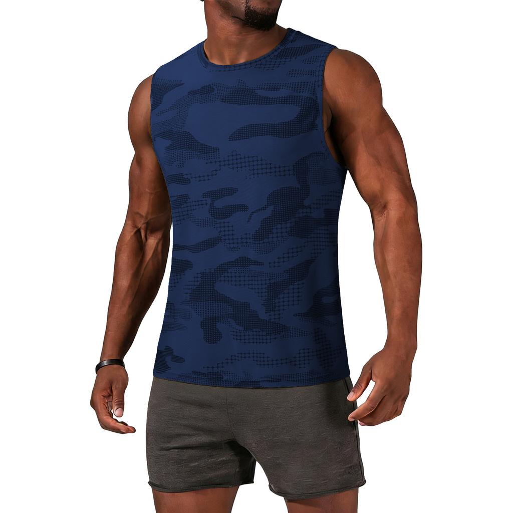 Men Sleeveless Athletic Tank Top Crew Neck Camo Print Lightweight Breathable Quick Dry Sports Shirt for Training Running Gym