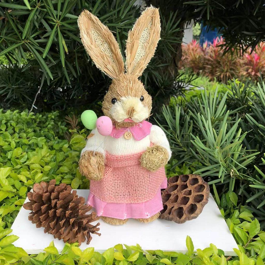35cm Easter Straw Rabbit Woven Bunny Easter Decoration Sculpture Yard Party Home Easter Ornament Statuette Decoration