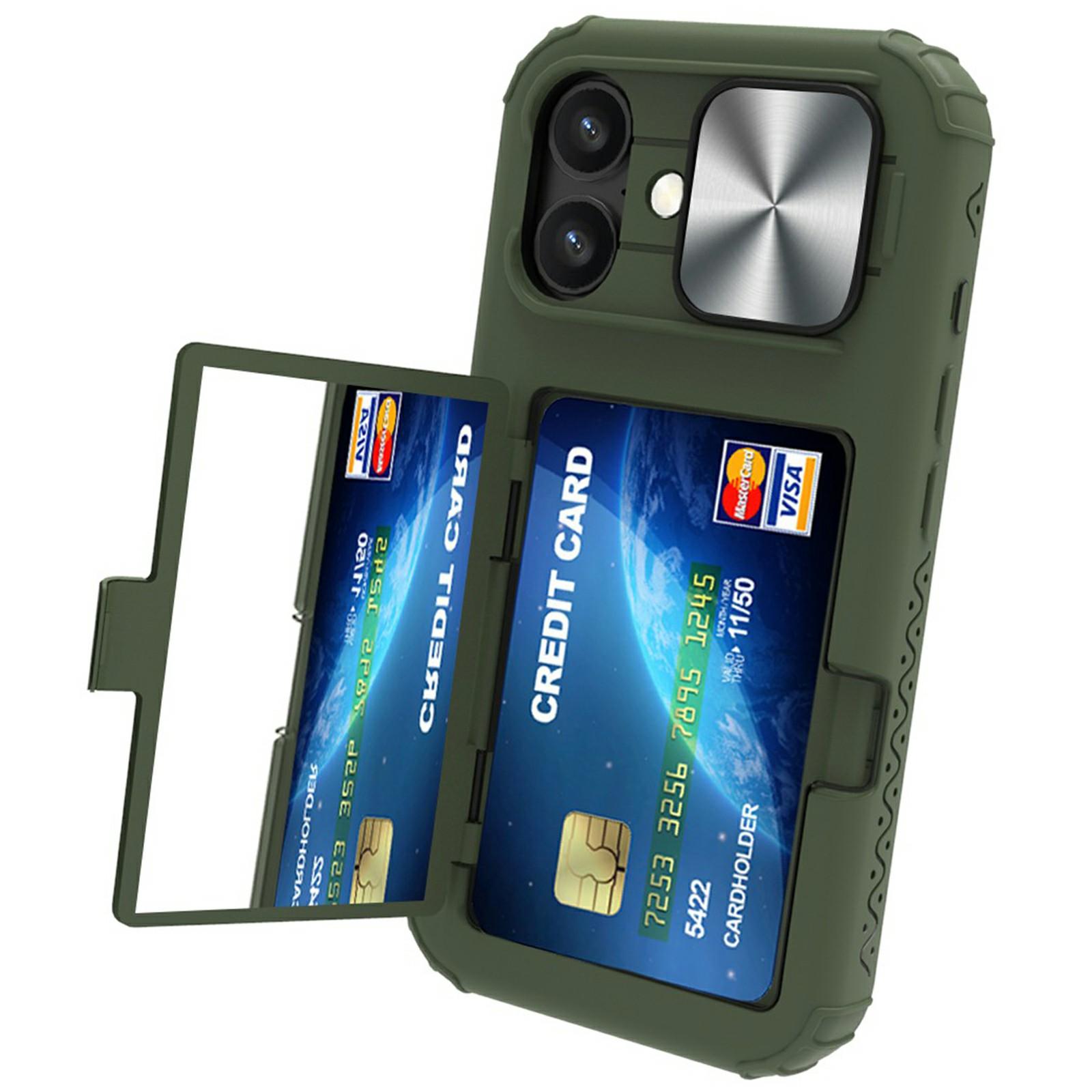 

For iPhone 16 Case Card Holder Mirror PC+TPU Phone Shell with Lens Cover Army Green