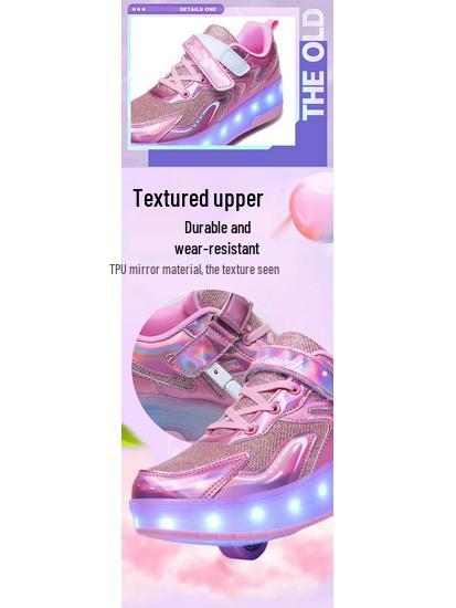 Children's Purple and White Convertible Four-Wheel Roller Shoes with Double-Wheel Hidden Skates