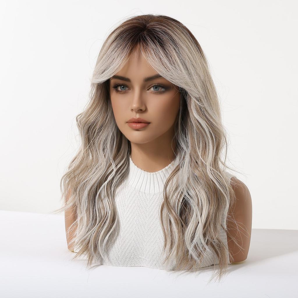 Women Long Wave Layered Brown Hair with Bangs Synthetic Mixed Blond Wigs for Daily Cosplay Heat Resistant Fibre