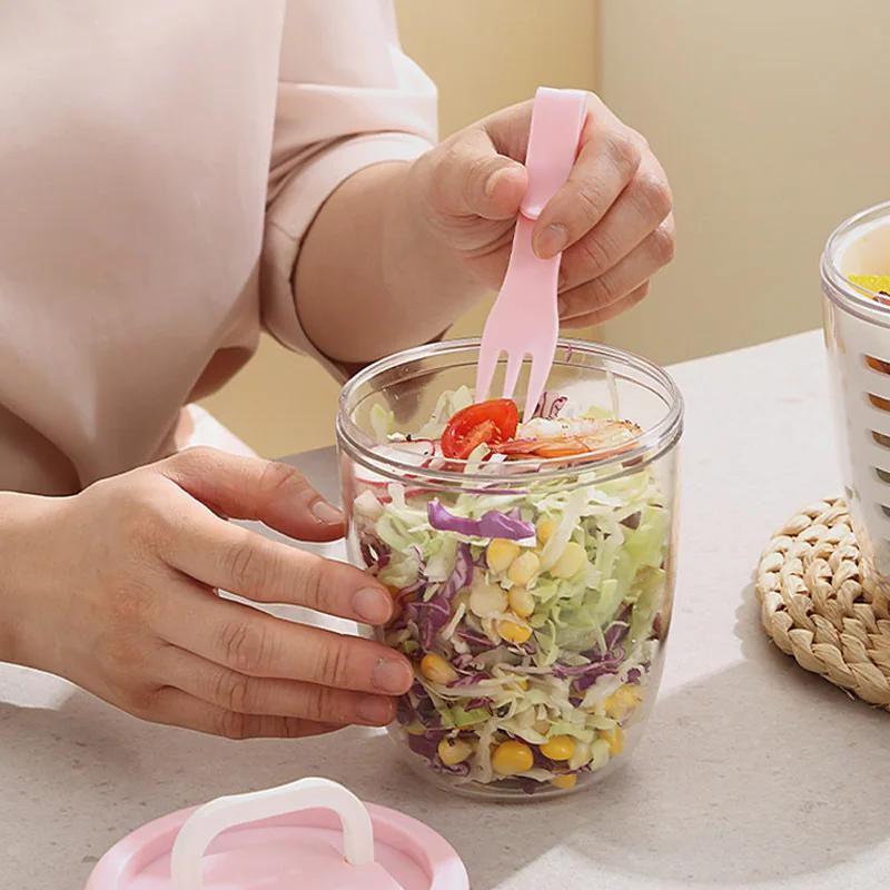 Salad Cup With Fork Cylindrical Plastic Fruit Cup Multifunctional Drainage Function Salad Container, Portable Lunch Box