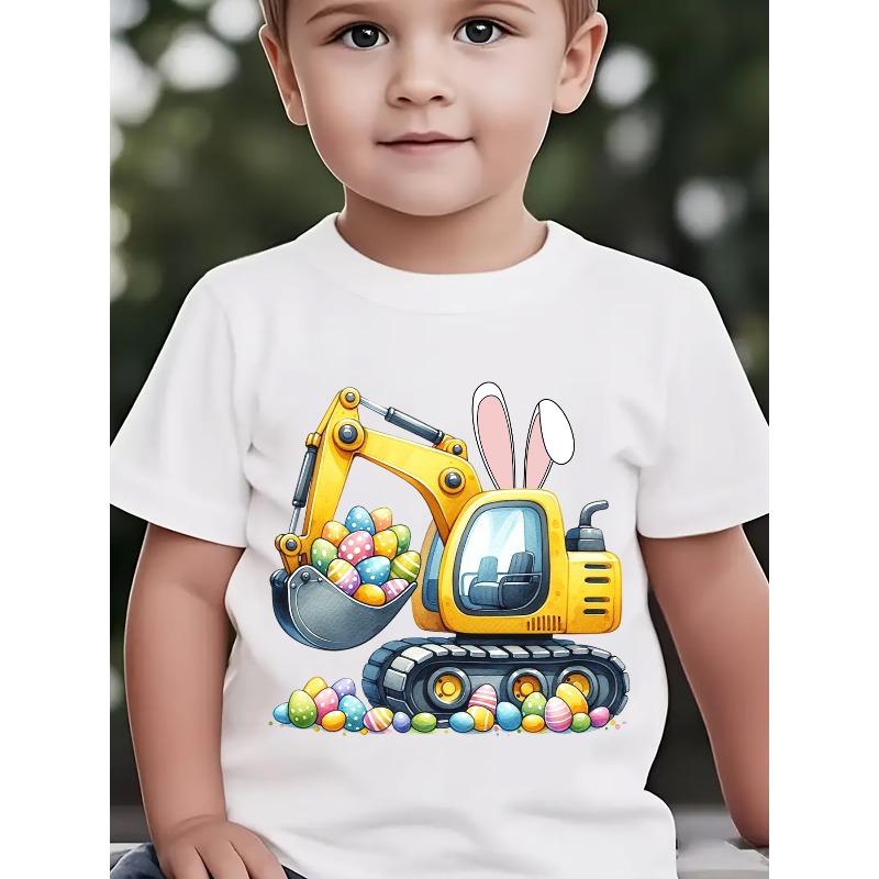 European sizes Children Easter Summer Boys' Fashion Short-Sleeve T-Shirt with Bunny Ears, Excavator, Easter Egg Prints - Outdoor Casual Top NY-DX5442