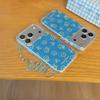 Kawaii Blue Yellow Line Floral Clear Phone Case With Matching Wrist Strap For iPhone 14 15 16 17 Pro Max INS Cute Shockproof Cov