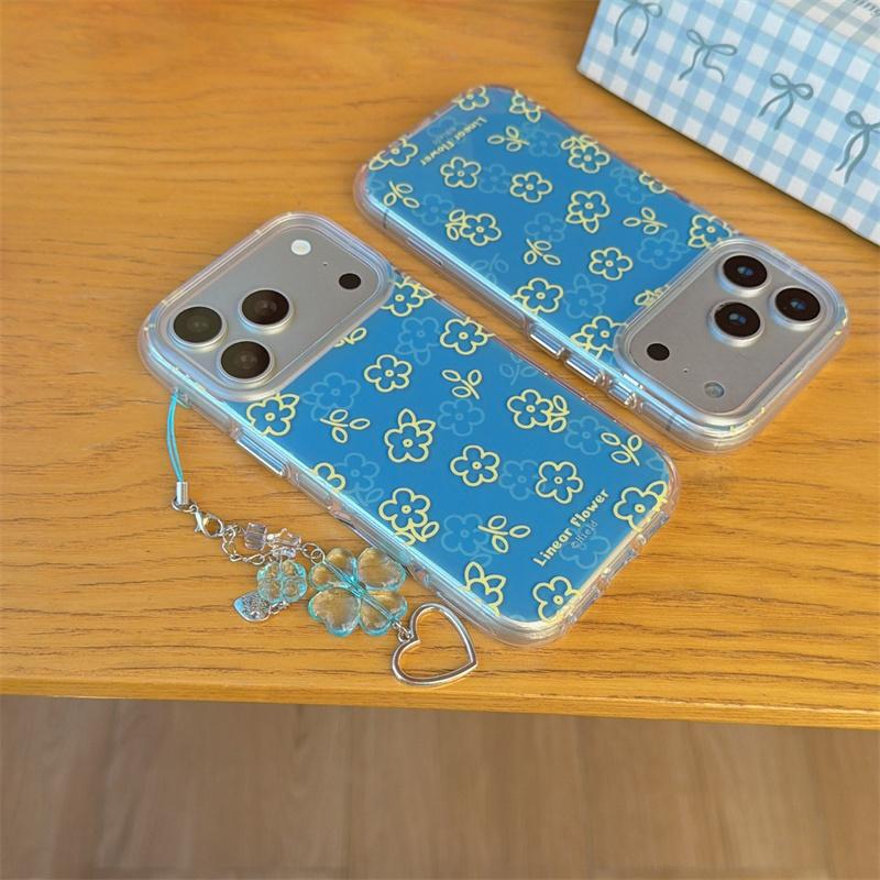 Kawaii Blue Yellow Line Floral Clear Phone Case With Matching Wrist Strap For iPhone 14 15 16 17 Pro Max INS Cute Shockproof Cov