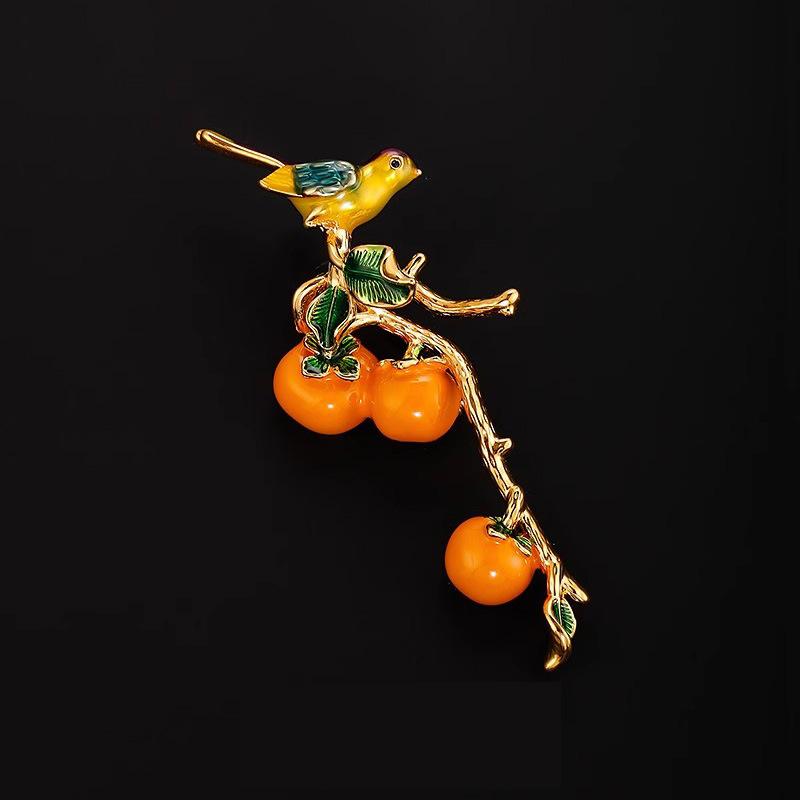 Happy Events Keep Coming. Magpie Persimmon Brooch, Classical Cheongsam Fixed Pin, High-end Corsage Accessory