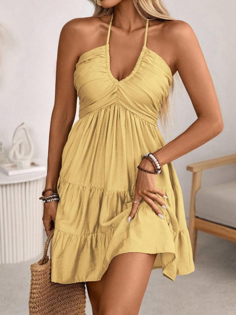 2026 Summer European & American Style Women's Spaghetti Strap Ruffle Patchwork Sexy Off-the-Shoulder Dress