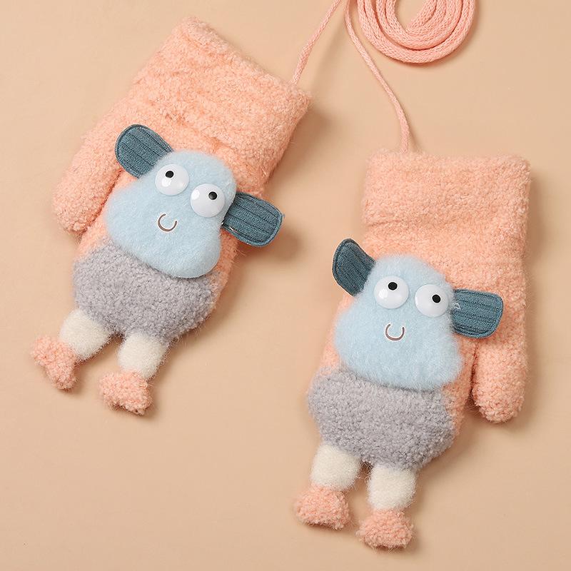 Winter Plus Velvet Children's Gloves Kindergarten Baby Warm and Cold Proof Gloves Cute Finger Rope Knitted Cotton Gloves