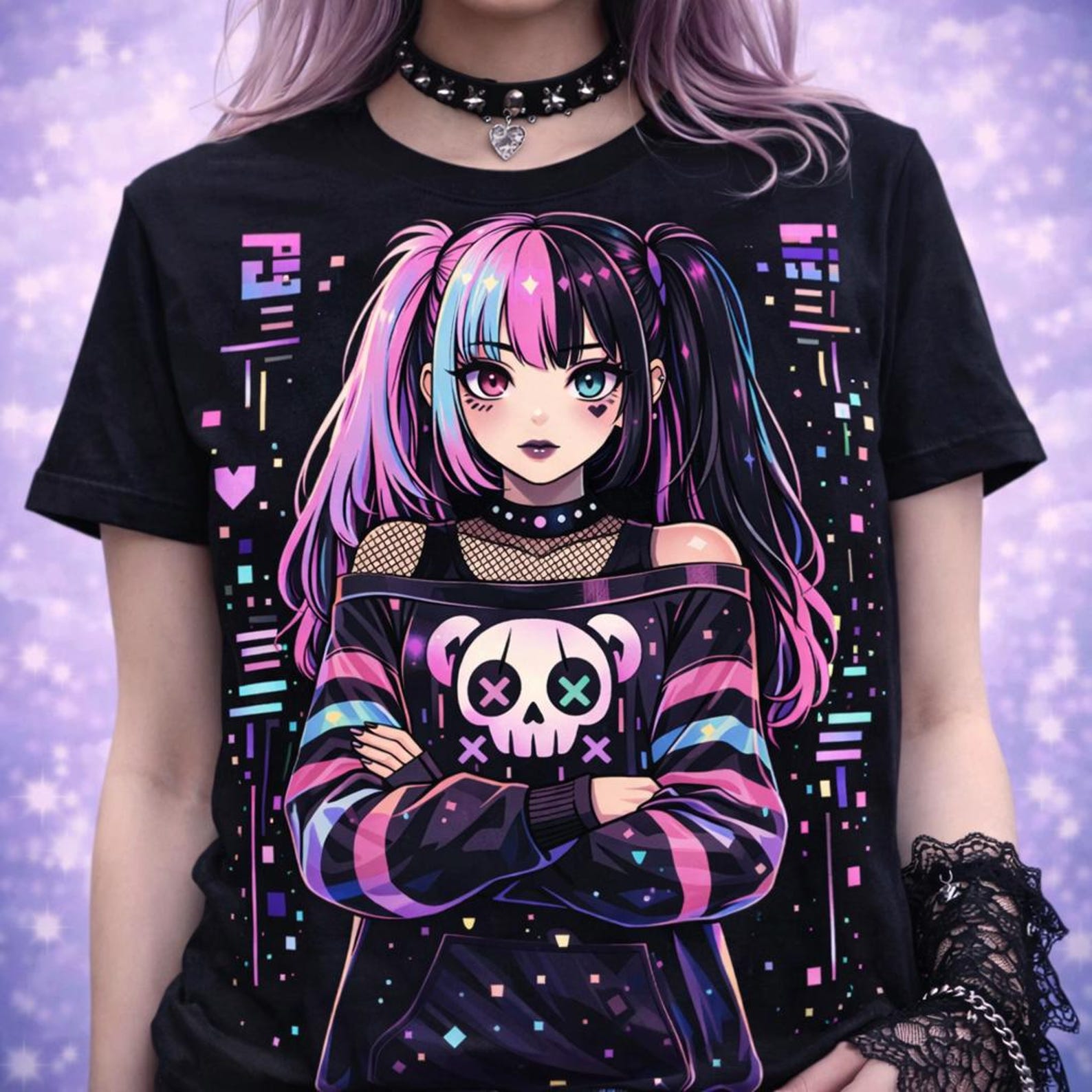 Футболка в стиле Pastel Goth Аниме Киберпанк Девушка - Неоновая Глитч Эстетика, Харадзюку Стритвир, Альтернативная Одежда, pastelgothic XL