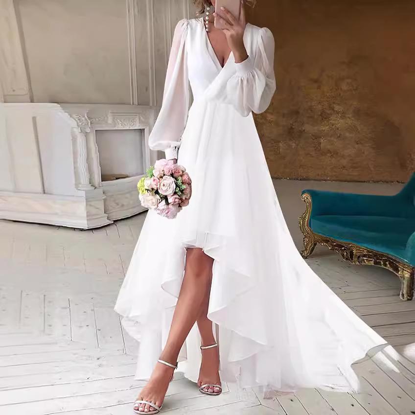 Elegantes europäisches und amerikanisches V-Ausschnitt Einfarbig Taillenbetont Slim Fit Langarmkleid für Damen