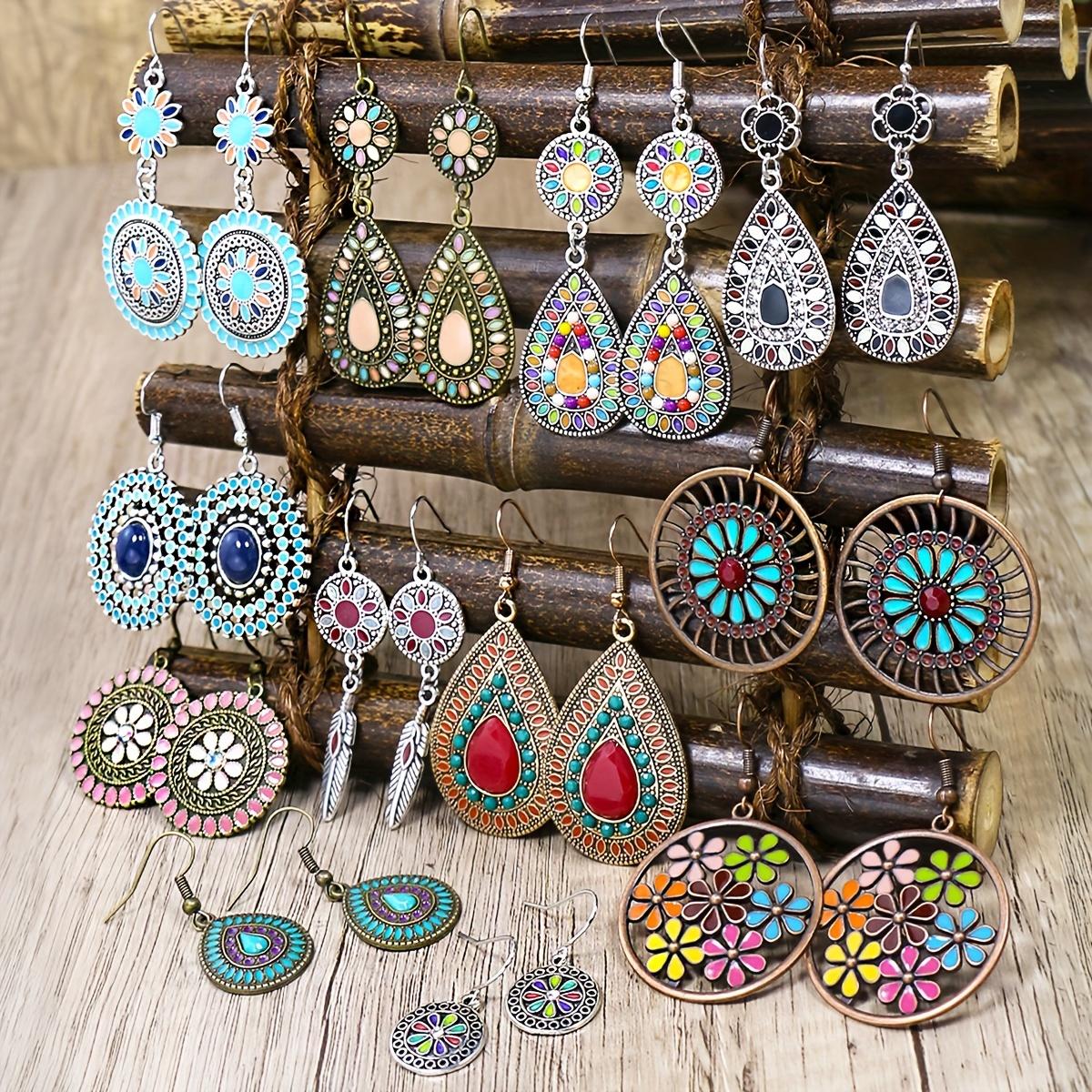 

Набор из 12 пар серег в стиле бохо-винтаж, изящные шикарные красочные геометрические серьги-подвески для женщин, подарки с цирконами