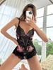 Body mit Blumendruck Kontrastspitze Lingerie Sexy Skinny Nachtwäsche Mesh Camisole Jumpsuit