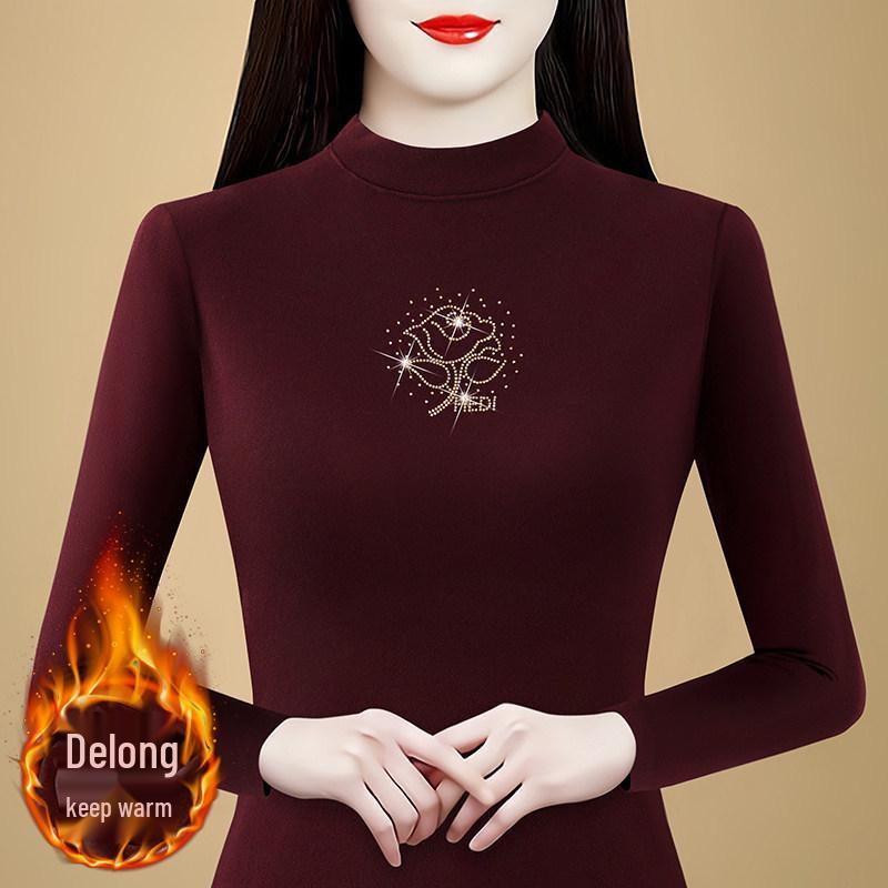 2025 Winter Women s Rose Flower Brushed Soft Slimming Warm Base Layer Top M красный