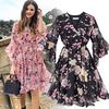 Women Fashion Casual Chiffon Floral Printing Short Sleeve V-Neck  Party Dress