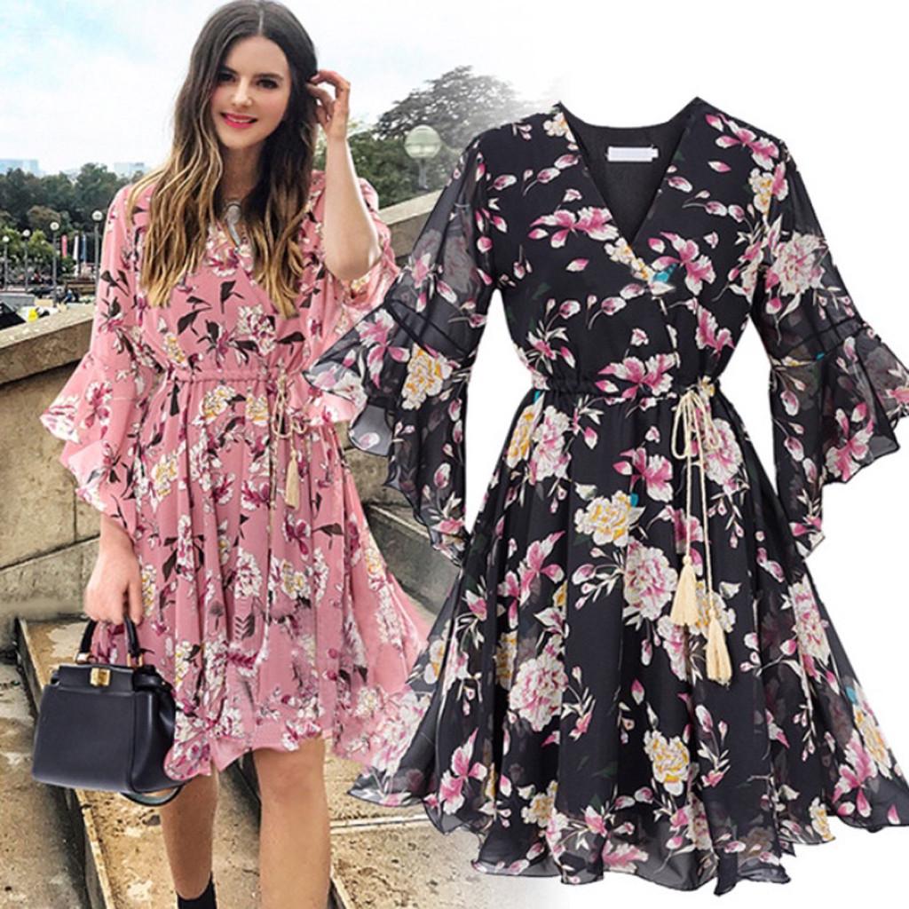 Women Fashion Casual Chiffon Floral Printing Short Sleeve V-Neck  Party Dress