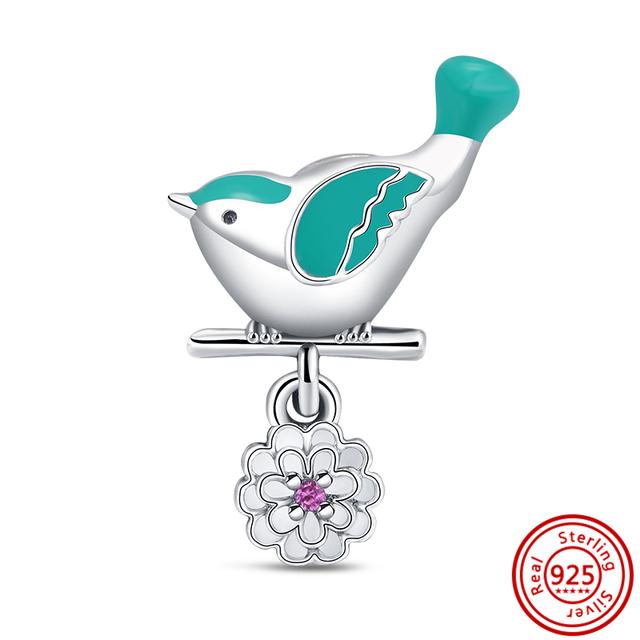 925 Prata Flamingo Pavão Coruja Pinguim Pássaros Desenhos Animados Moda Talão Encantos Pulseira Mulheres Jóias DIY