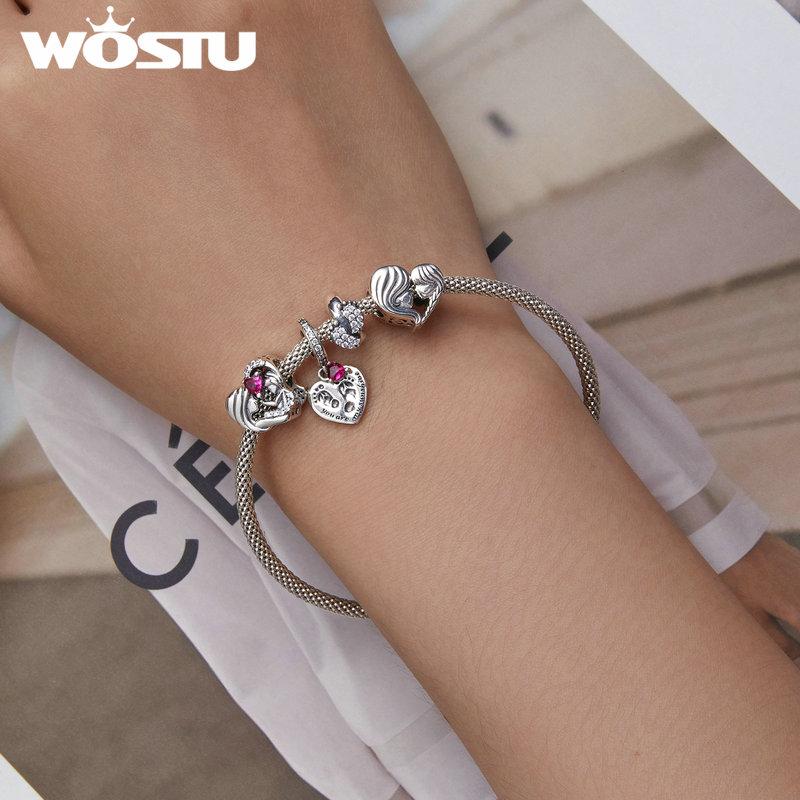 WOSTU 925 Silver Heart Shape Charms Growth Hanging Bead Red CZ Love Affinity Pendant For Original Jewelry Thanksgiving