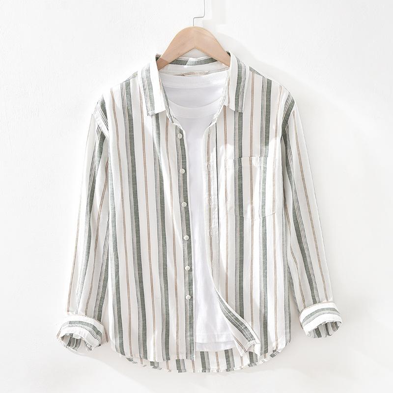 Spring and Summer Cotton Linen Men Tops Japanese Style Square Stripes Long Sleeve Shirt Youth Breathable Shirts for Men