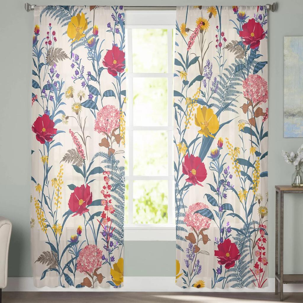 Květiny Husté Listy Okvětní lístky Moderní Tylové Závěsy do ložnice Balkon Dekor oken Kreativní móda Bytový průsvitný závěs