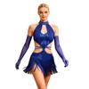 Damen Latin Dance Fransenkleid Cutout Ärmellos Träger Taille Quasten Saum Paillettenkleid mit Langen Handschuhen