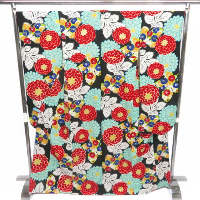 

[Used] Kokonoe Furisode Recycled Kimono Used Polyester Flower Pattern Chrysanthemum and Plum Coming of Age Ceremony Party Tall Length 171cm Sleeve