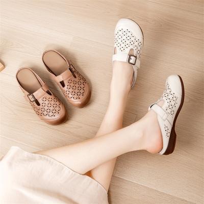 Mode GKTINOO Sommer Damen Hausschuhe Echtes Leder Mama Schuhe Hohle Flache Ferse Hausschuhe Für Damen Retro Sandalen Damenschuhe