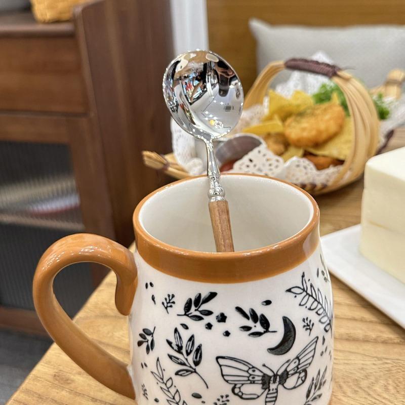 20cm Pear Wood Handle Stainless Steel Long Round Head Spoon for Rice Soup Dessert Tableware Kitchen Dining Tool