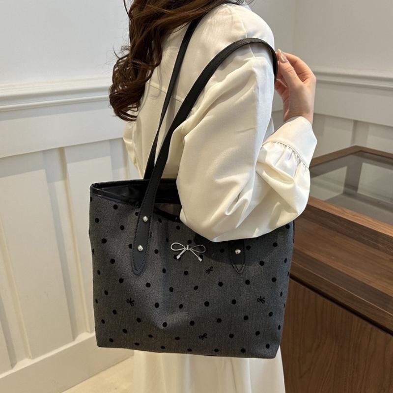 Fashion Polka Dot Tote Bag with Silver Bow Accent Black Trim Large Capacity Casual Purse for Everyday Commuter Shoulder Bag