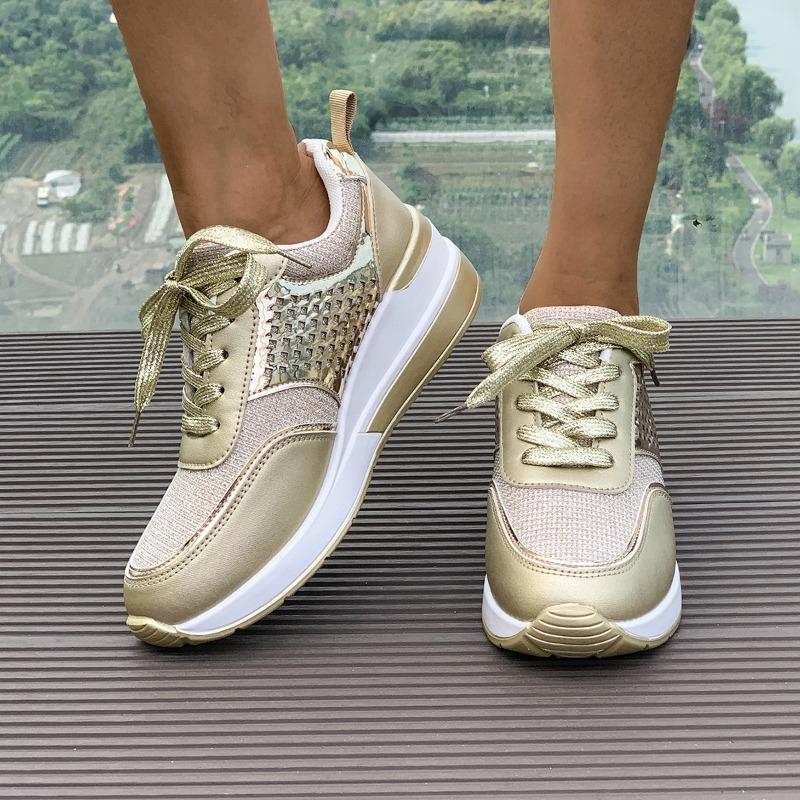 Women's slope heel platform sneakers large size breathable sequins round head lace-up spring and autumn new casual sneakers