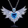 Haute Couture Design Angel Wings Pendant Necklace, Simulated Aquamarine Wings Heart Fashion Jewelry For Women