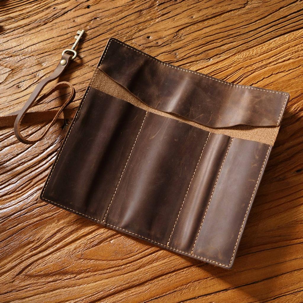 2026 Retro First-layer Cowhide Pen Curtain, Genuine Leather Pencil Case, Simple Literary Pencil Case, Multi-functional Bundle-tired Pencil Case