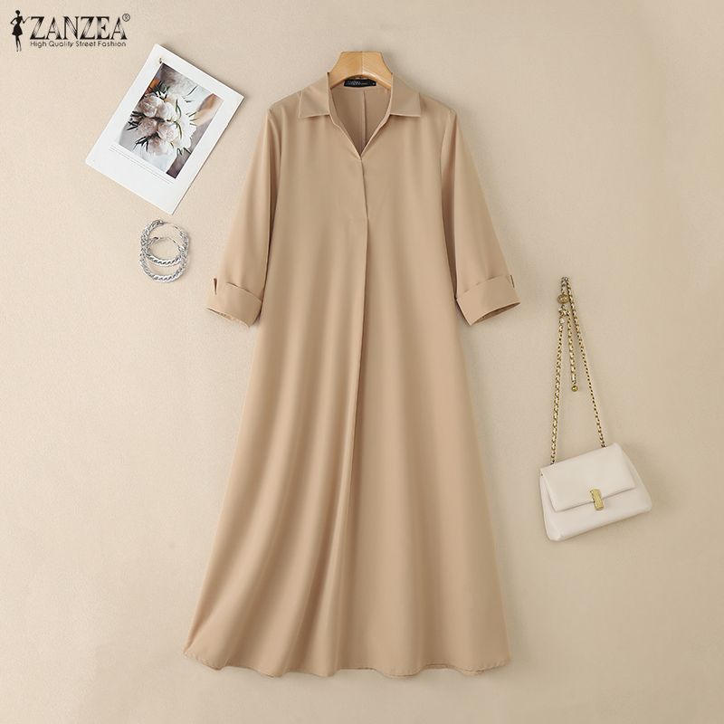 ZANZEA Vestido largo casual para mujer con cuello vuelto, holgado y de manga 3/4