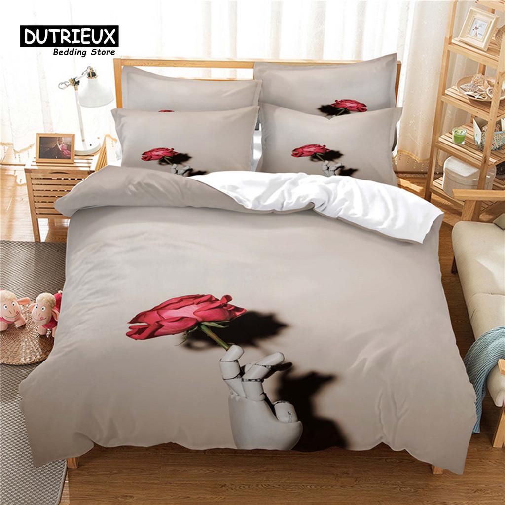 Beautiful Flower Bedding Set, 3Pc Flowers Duvet Cover Set, Soft Comfortable Breathable Duvet Cover, For Bedroom Guest Room Decor