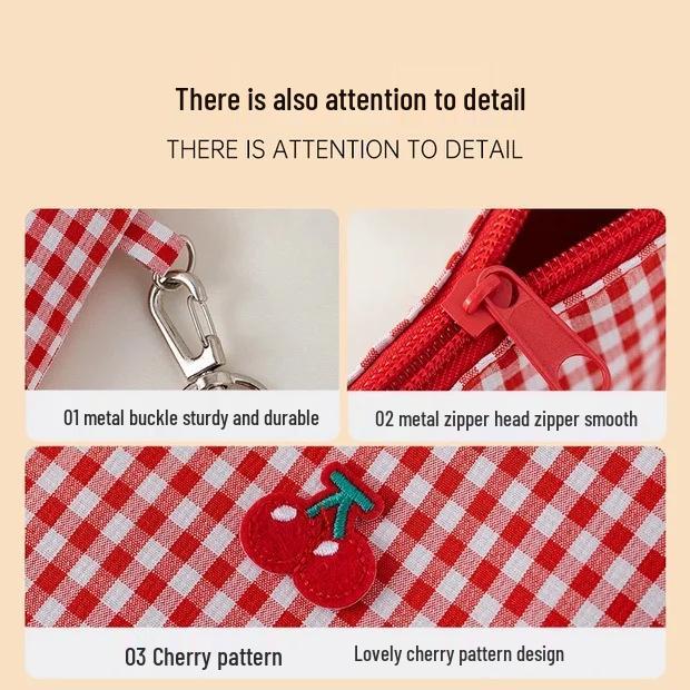 New Arrival: Embroidered Cherry Makeup Bag - Cute, Portable, Large Capacity, Red Plaid