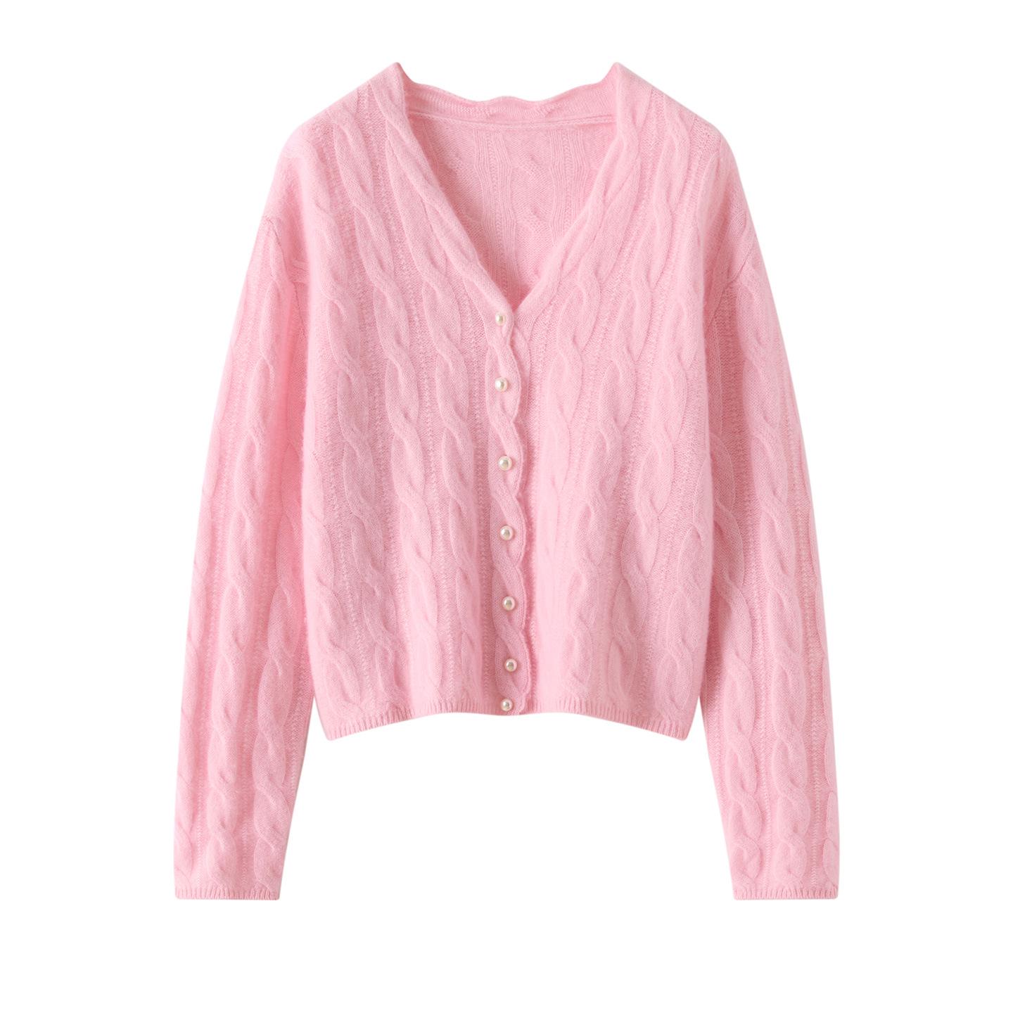 

Женский кашемировый кардиган с V-образным вырезом и кабельным узором: Короткое, однобортное, трендовое пальто-свитер на осень/зиму One size fits 90-140 jin розовый