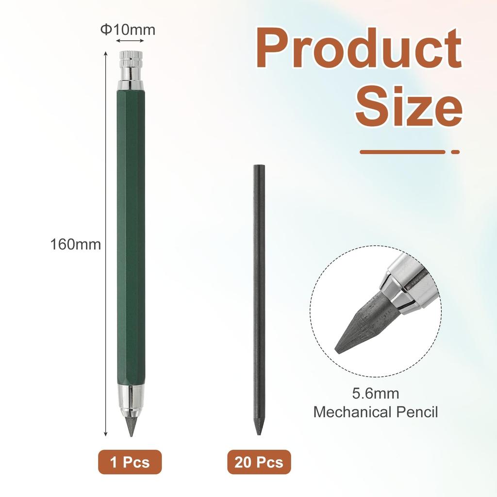 PATIKIL Mechanical Pencil Lead Large Automatic Holder with 20 2B Pencil for and Green 5.6mm Holder, Leads, Drawing, Art, Sketching, Woodworking,