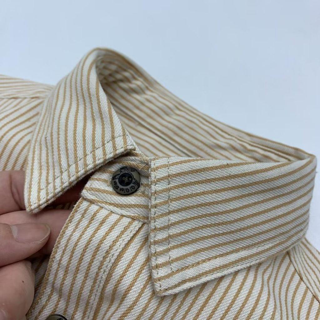 Unisex Retro Japanese Khaki Striped Long-Sleeve Shirt