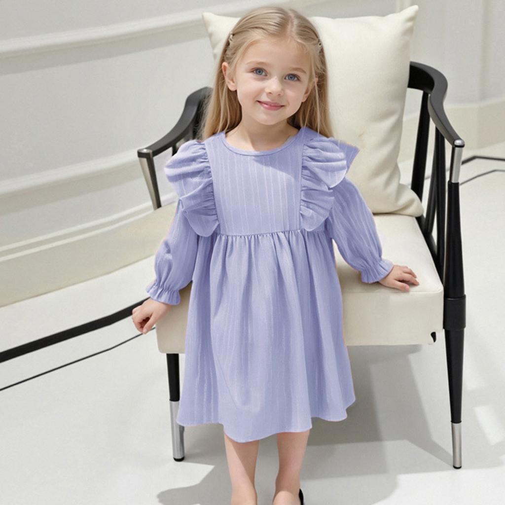 Girls' Fashion Cute Solid-Color Lace Flutter-Sleeve Princess Tiered Dress