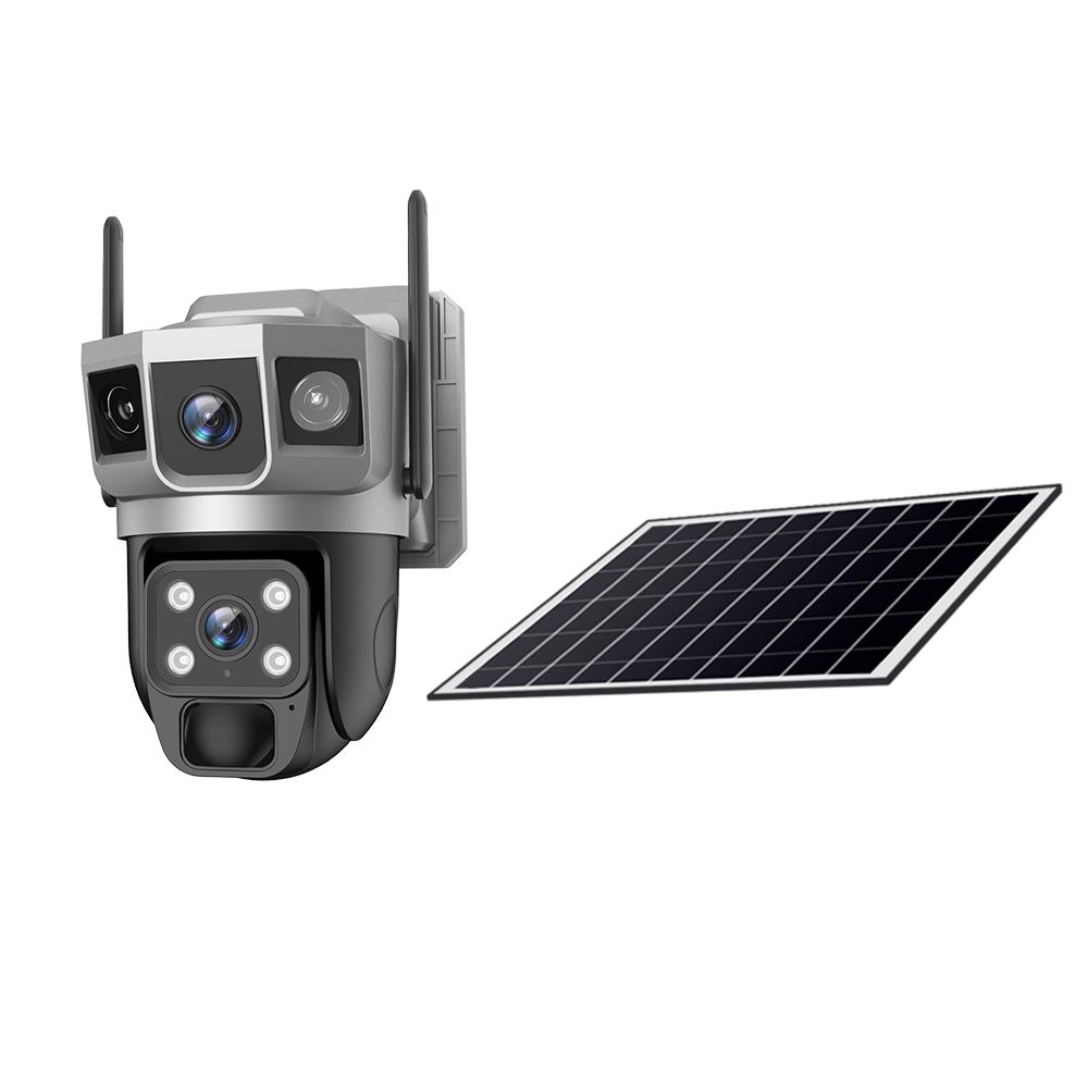 Solar-powered Surveillance Camera, HD 2-lens 3-screen Display, 10x Zoom, Automatic Human Detection Tracking, 4G/WIFI CCTV Recorder