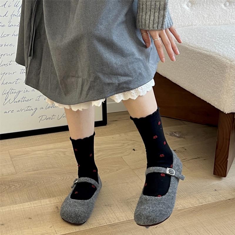 2025 Women's Mid-Calf Socks: Autumn/Winter Style with Little Red Flower Embroidery, Sweet Rabbit Velvet, Thickened for Warmth