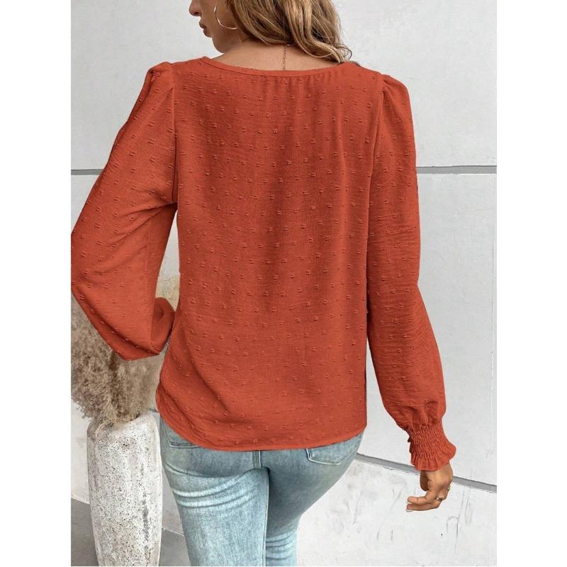 Elegante Dames Ronde Hals Kant Blouse Nieuw Lange Mouw Kantoor Casual Shirt Effen Kleur Tops Lange Mouw Lente Herfst Eenvoudige Zoete Kleding